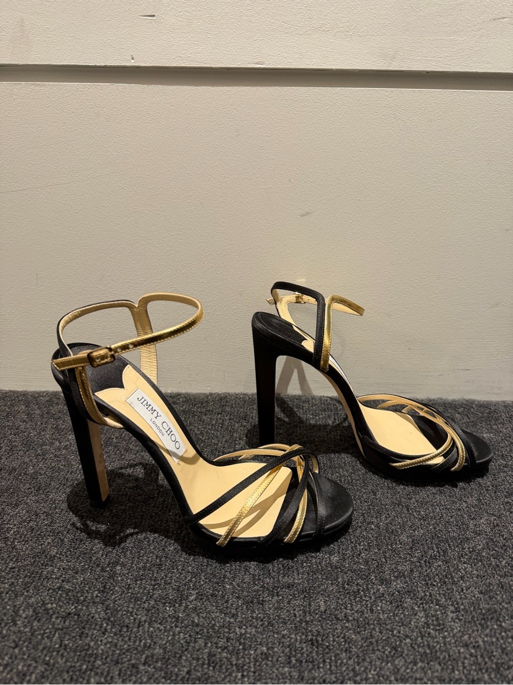 Jimmy Choo Black and Gold Strappy Stiletto Sandals